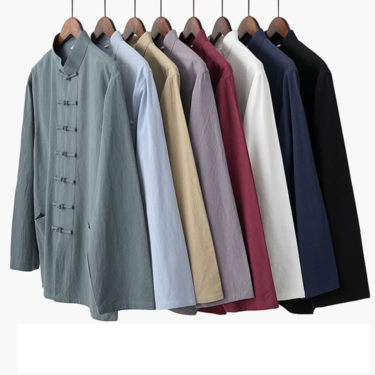 Chinese-style Tang suit for men, long-sleeved, spring and autumn, cotton and linen, middle-aged and elderly, Chinese-style knotted Tai Chi uniform, base shirt, Hanfu, layman's attire.