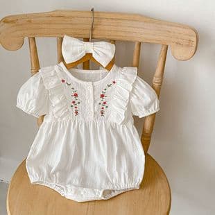 Summer Baby Short Sleeve Bodysuit with Embroidered Triangle Design, Cotton, for Girls, Includes Headband