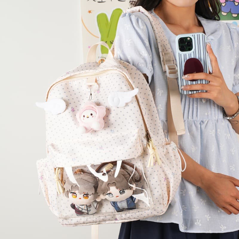 Cute star print backpack women's large capacity transparent side bag doll backpack student school bag lightweight backpack