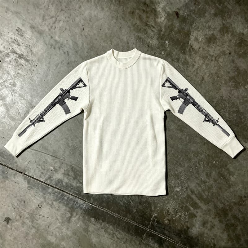 American high street double-sleeved gun print waffle long-sleeved T-shirt for men and women loose round neck long-sleeved trendy tops