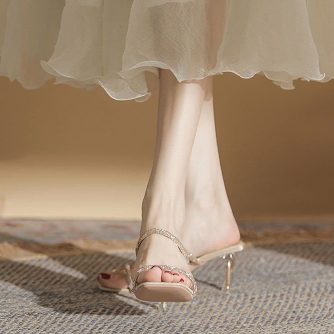 2023 New High Heels Summer Women's Sandals with Dress Rhinestone Sexy Temperament One-Strap Open Toe Thin Heel
