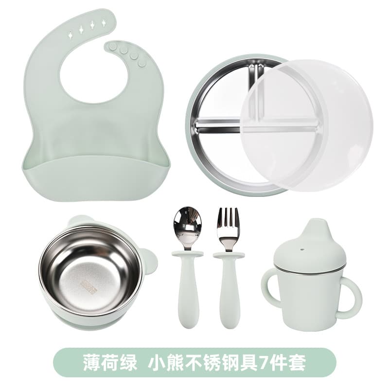 Cross-border Baby Food Feeding Set: Stainless Steel Training Plate, Fork, Spoon, Duckbill Cup 6-Piece Baby Essentials