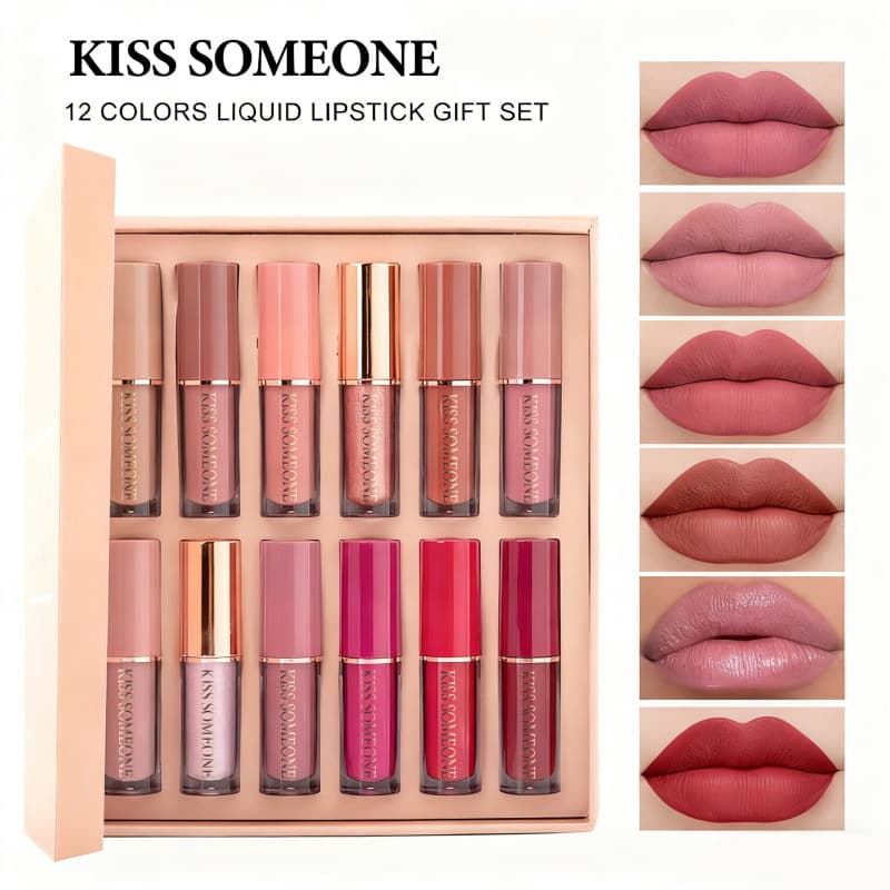 European and American Style 12-Piece Matte Lip Gloss Set, Matte and Pearl Finish, Non-Stick Cup, Long-Lasting Color Lip Gloss Set