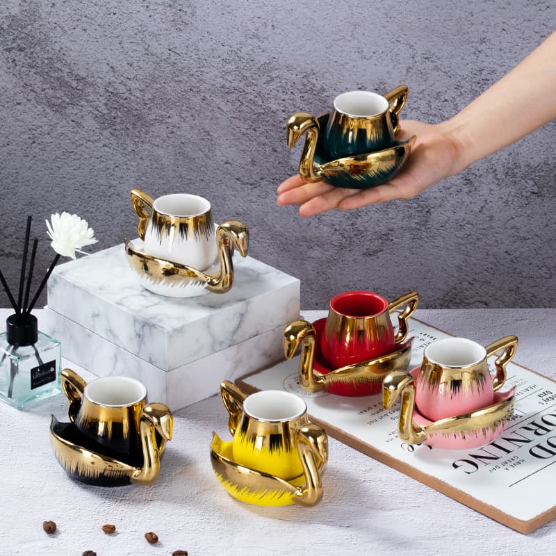 Gold-Rimmed Ceramic Coffee Cup and Saucer Set for Home Afternoon Tea, Electroplated Swan Coffee Cup and Saucer, Light Luxury Home Coffee Cup