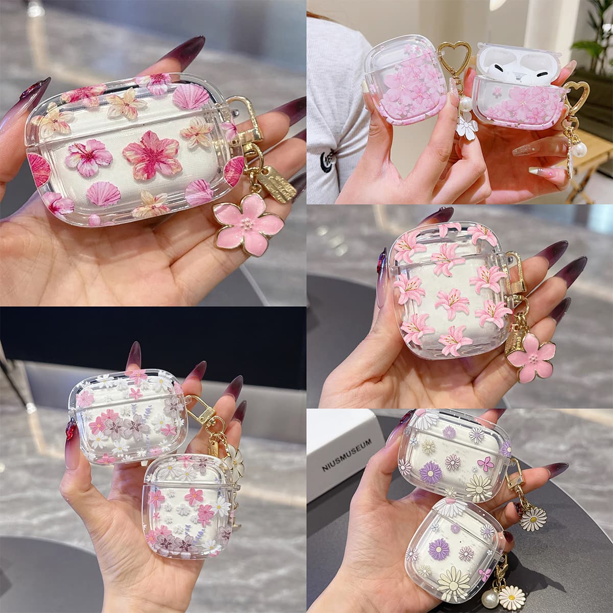 Transparent Cherry Blossom AirPods 4 Case Cover Wireless Bluetooth Round Clear Protective Shell for Apple