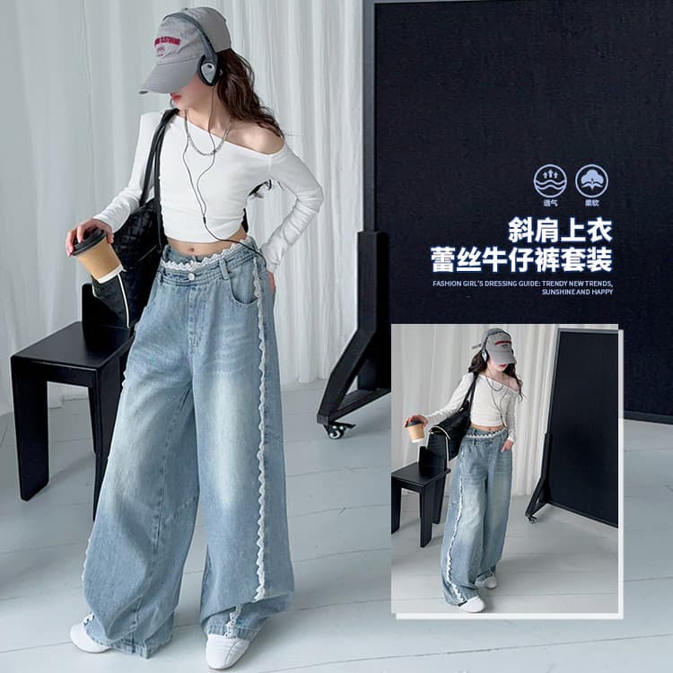 Girls' Jeans 2026 Spring/Autumn New Trendy Wide-Leg Pants, Middle and Big Kids' Fashionable Lace-Trim Straight-Leg Pants