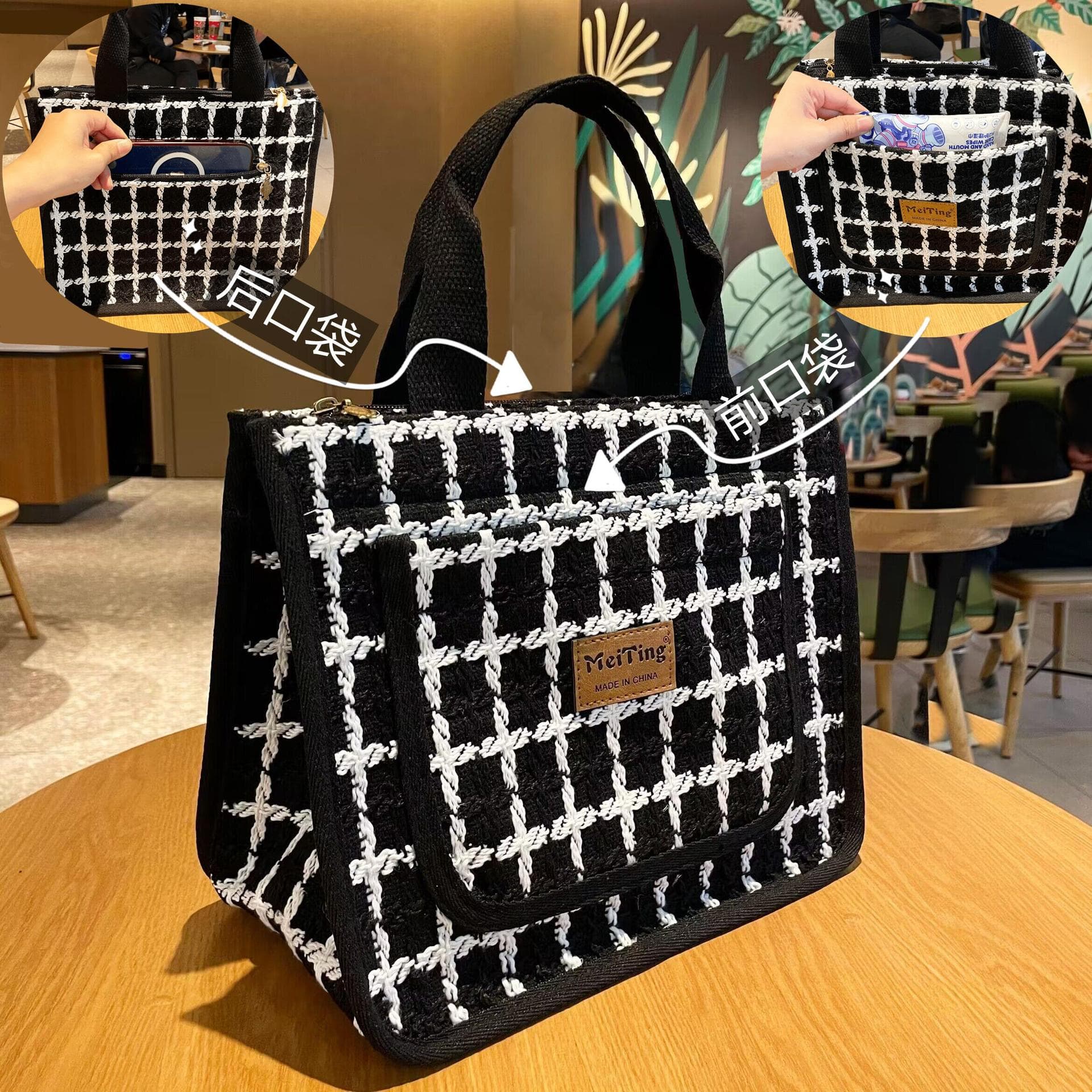 Black and White Plaid Wool Handbag Multi-Pocket Zipper Mummy Bag Linen Portable Fashion Commuter Practical Hand Bag