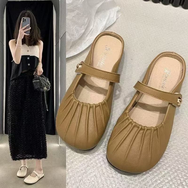 Toe-Cover Sandals Summer Outdoor Beach Retro Style Anti-Slip New "Step-on-Poop" Feel Women's Half Slippers to Pair with Skirts