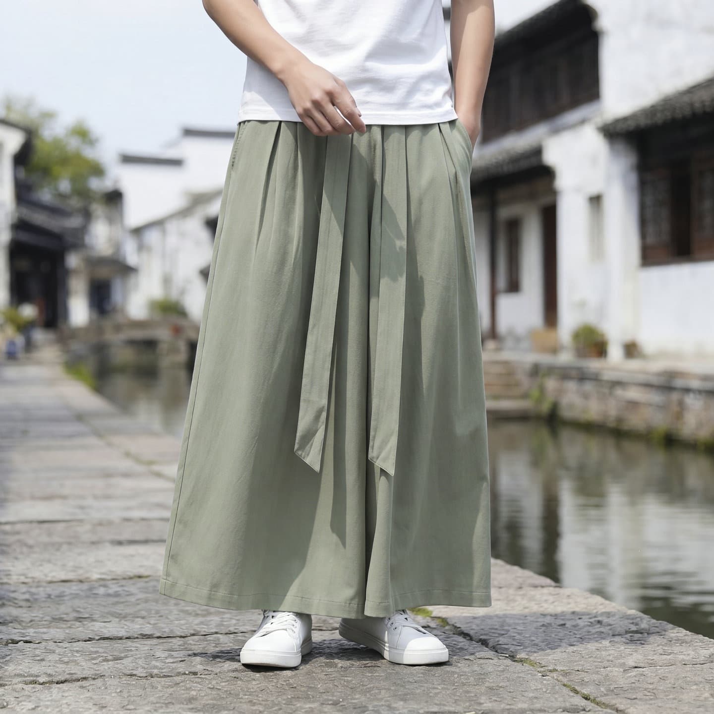 2026 Summer Ice Silk Wide Leg Pants Men Chinese Style Loose Droopy Straight Nine-tenths Pants Large Size Men's Skirt Pants