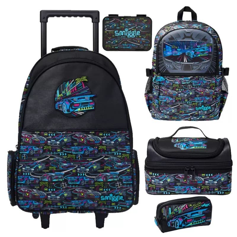 Australia Smiggle Kids Backpack Set, Cartoon Racing Trolley Backpack, Large Capacity for Primary School Students, Boys and Girls Double Shoulder
