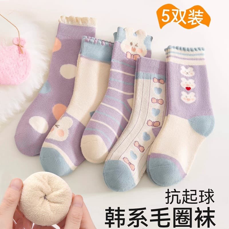 [New] Winter Style Thick Children's Socks Winter Fleece-Lined Baby Girls Cartoon Cute Warm Terry Socks Cross-border