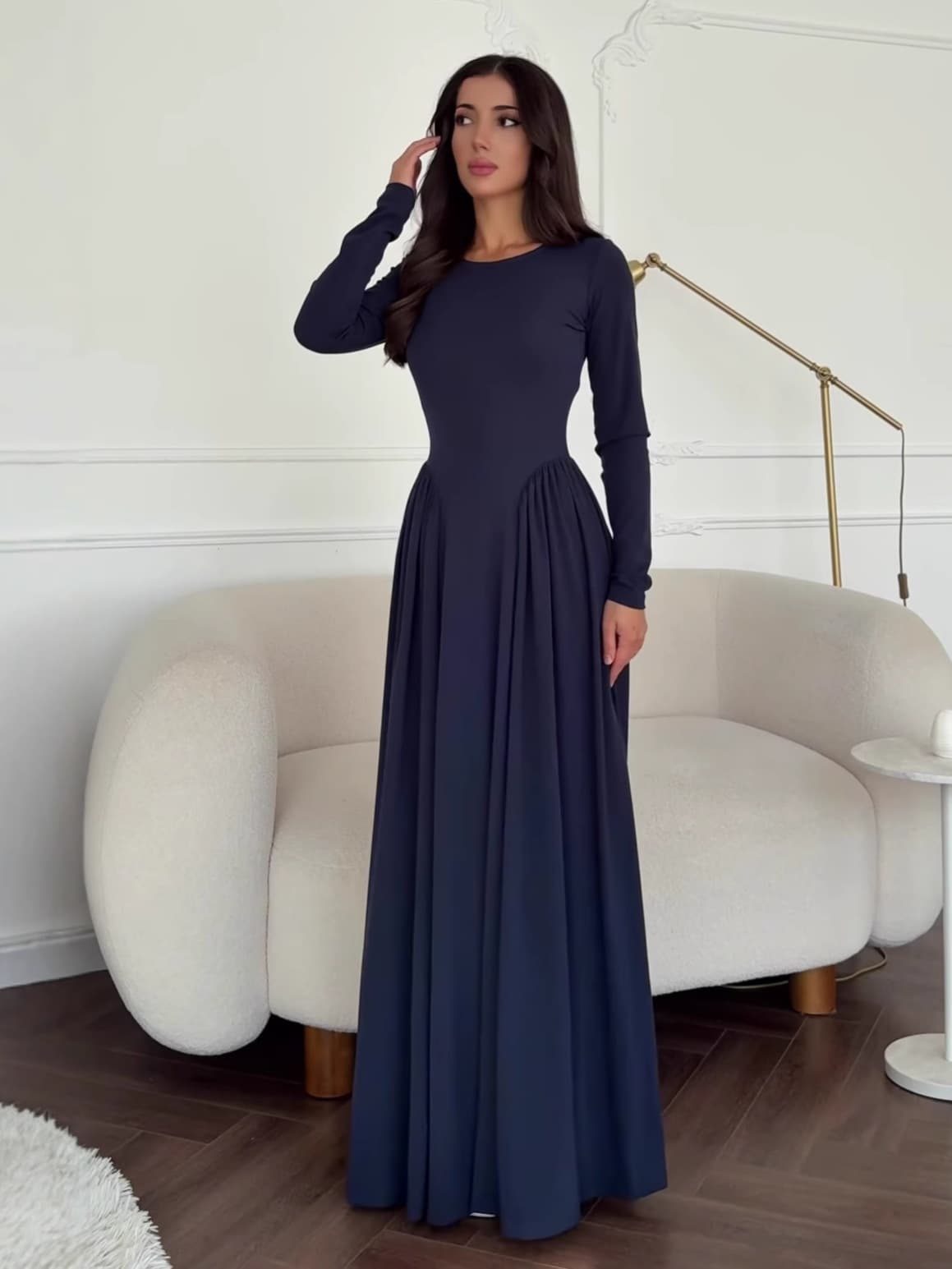 European and American Cross-Border Trade Amazon 2025 Autumn New Round Neck Long Sleeve Ruched Design Long Dress