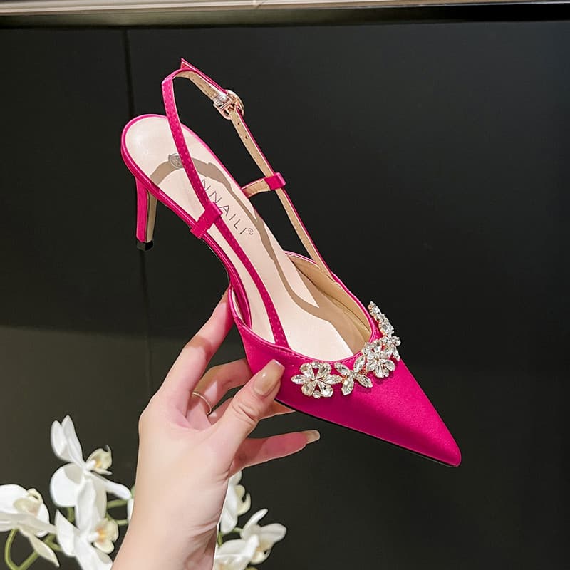 French style evening dress high heels rhinestone toe sandals women's spring and summer pointed toe satin white wedding shoes bridesmaid shoes