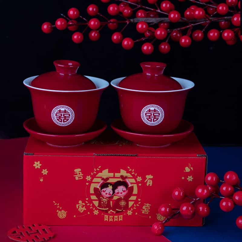 Red Couple Tea Cups with Double Happiness Character, Chinese Wedding Dowry Items, Spouse Matching Set