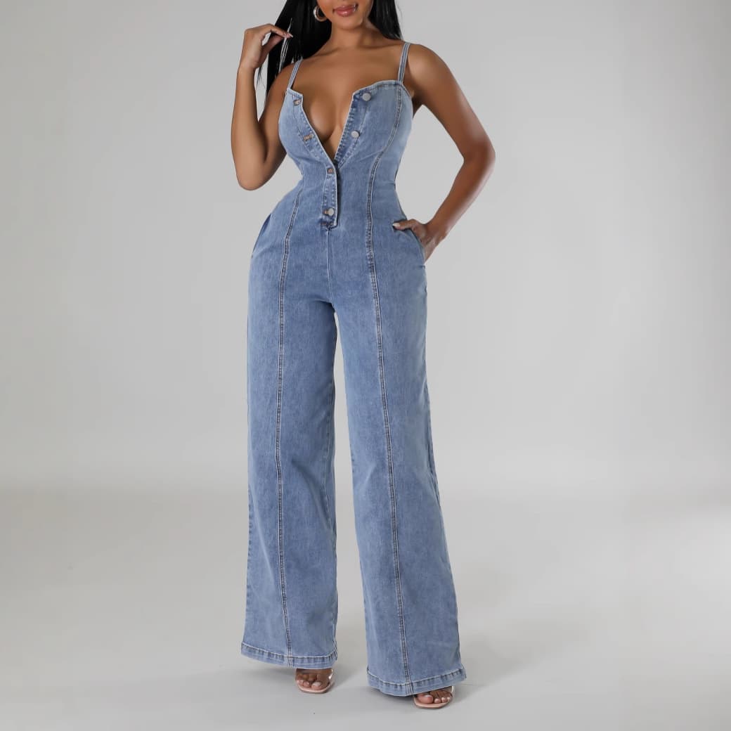 New European and American Denim Jumpsuit for Women, Cross-border Hot Selling Slim Fit Stretchy Waist Washed Strapless Jumpsuit
