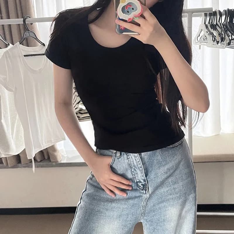 Comic Waist Hot Girl T-Shirt Women's Short Sleeve V-Neck Black Pure Cotton Regular Fit Inner Layering Base Top Long Sleeve Summer Tight Top