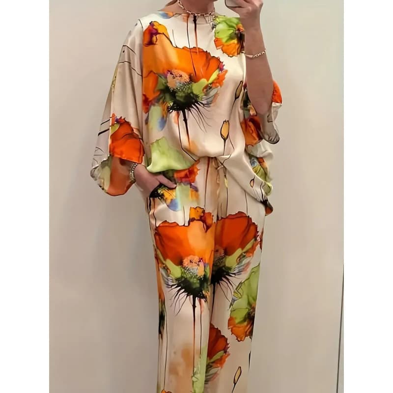 2025 Cross-border TEMU Best Seller European and American Satin Floral Print Batwing Sleeve Loose Top Wide-Leg Pants Set
