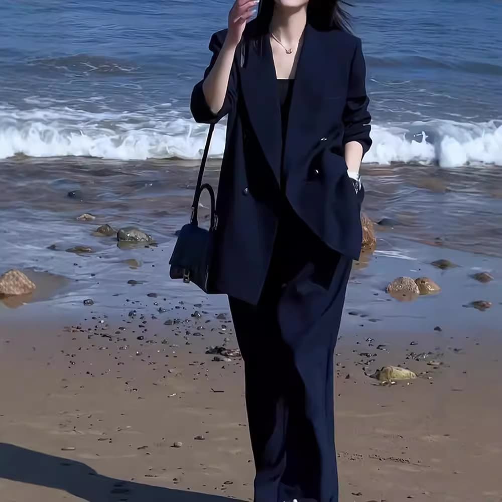 【6653】2024 Autumn New Plus Size Women's Wide Leg Pants Two-Piece Suit Set for Curvy Women