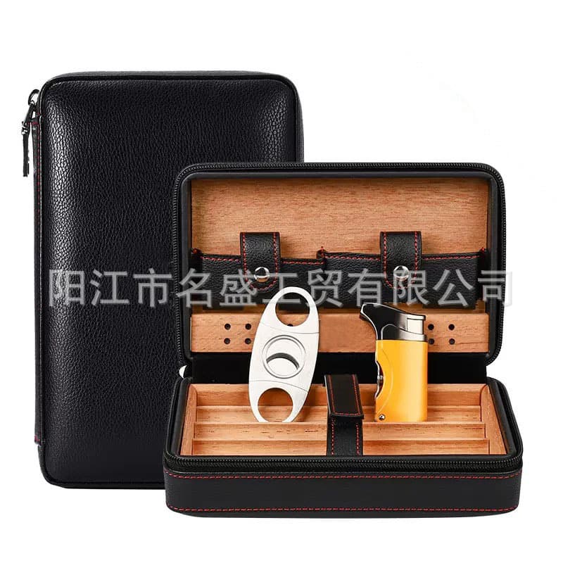 Cigar Case 4-Count Cedar Wood Travel Set with Cigar Cutter, Humidor Leather Case and Sealed Humidification Pack