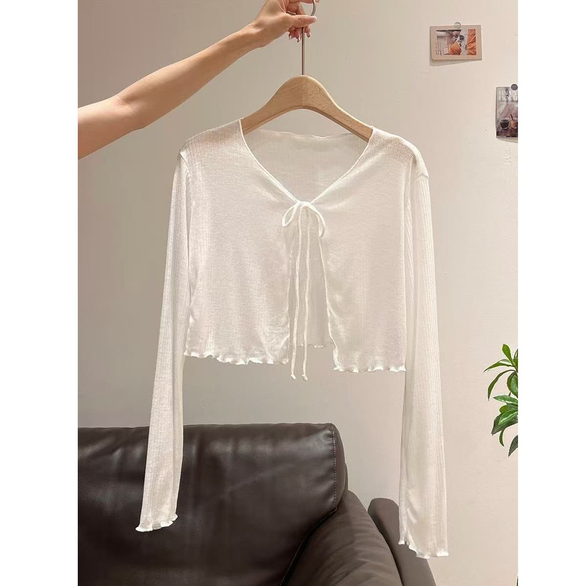 Summer Korean style thin cardigan with sun protection and matching suspender skirt with shawl and fungus edge knitted lace-up jacket and blouse for women