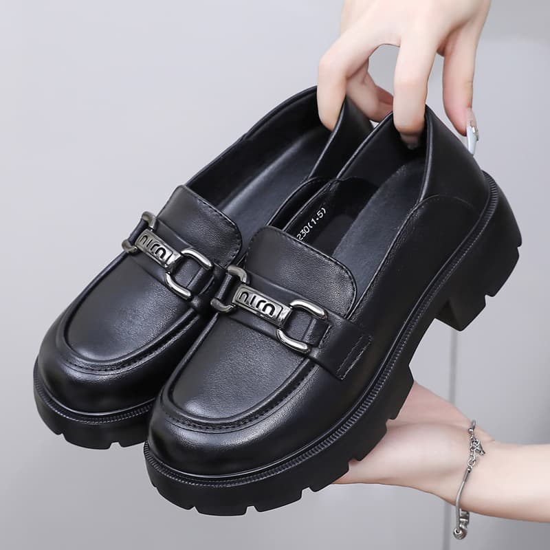 Spring New Arrival Women's Flats Fashion Versatile Platform Loafers Black Professional British Style Slip-On Leather Shoes