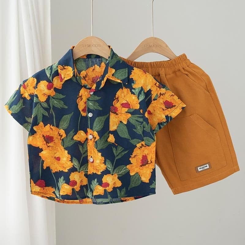 Cool Beach Style Kids Short-Sleeved Floral Shirt Boys 2026 Summer Little Kids Loose Shirt Baby Cotton Top