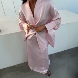 2026 Cross-border Amazon Pink Satin Long-sleeve Cardigan Skirt Set Women's Loungewear Casual Two-piece European American Style