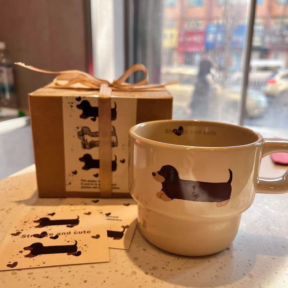 Dachshund puppy stacked cup brown box ceramic cute hand-painted cartoon mug Korean breakfast gift for others