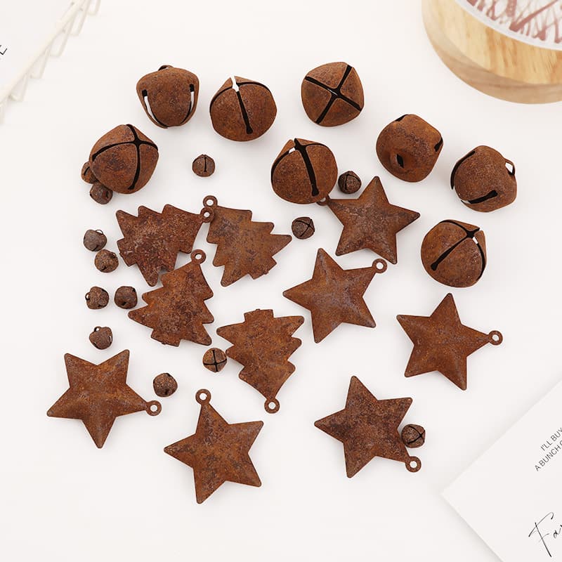 Metal Antiqued Christmas Tree Bell Ornaments, Rusty Vintage Cross Round Neck Rusted Five-Pointed Star Iron Bells