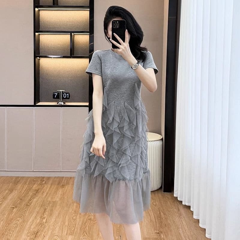 Light Luxury French Style New Dress Loose 2026 Short Sleeve Summer Elegant Patchwork Plus Size Mesh Skirt