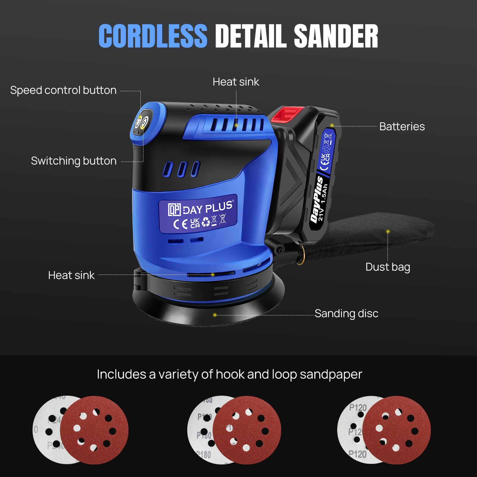 Cordless Circular Sander for Dust-free Furniture, Wood, and Metal Polishing