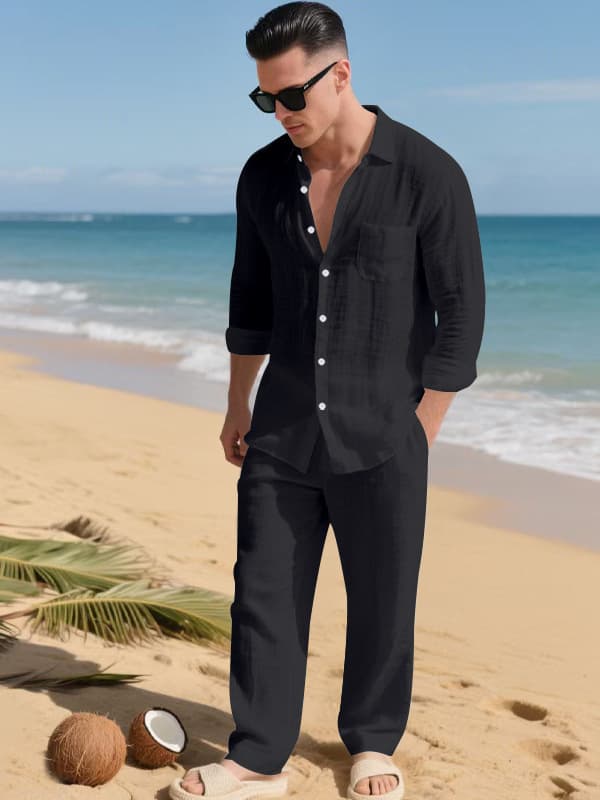 New Cross-Border European and American Men's Linen Notch Lapel Long-Sleeve Shirt and Pants Set, Beach Breathable Vacation Casual Wear