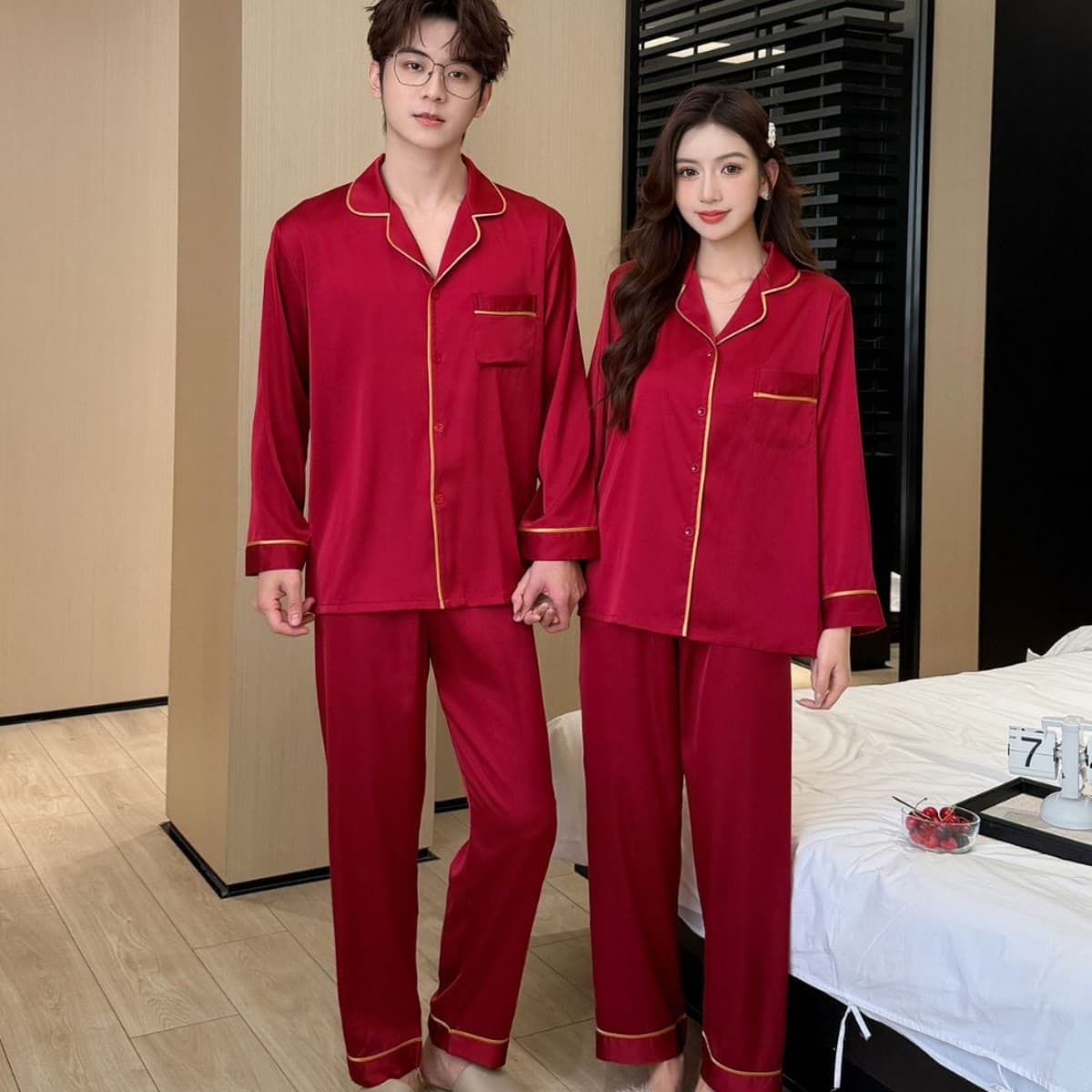 Couples Sleepwear Ice Silk Long Sleeve Casual Home Clothes Red Wedding Celebration Polyester Fiber V-neck Comfortable Breathable