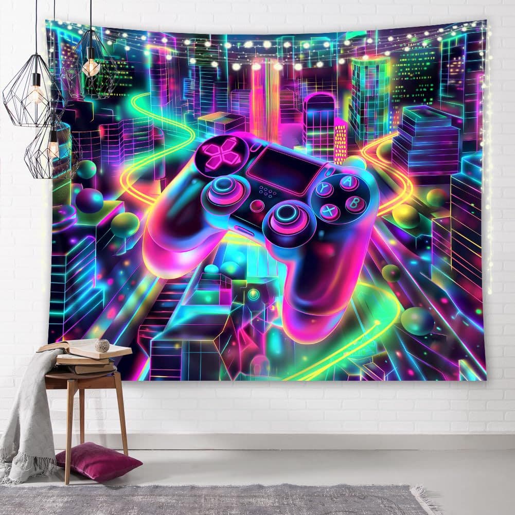 Neon Game Boy Tapestry Modern Wall Art for Kids Gamer Cityscape Video Game Tapestry