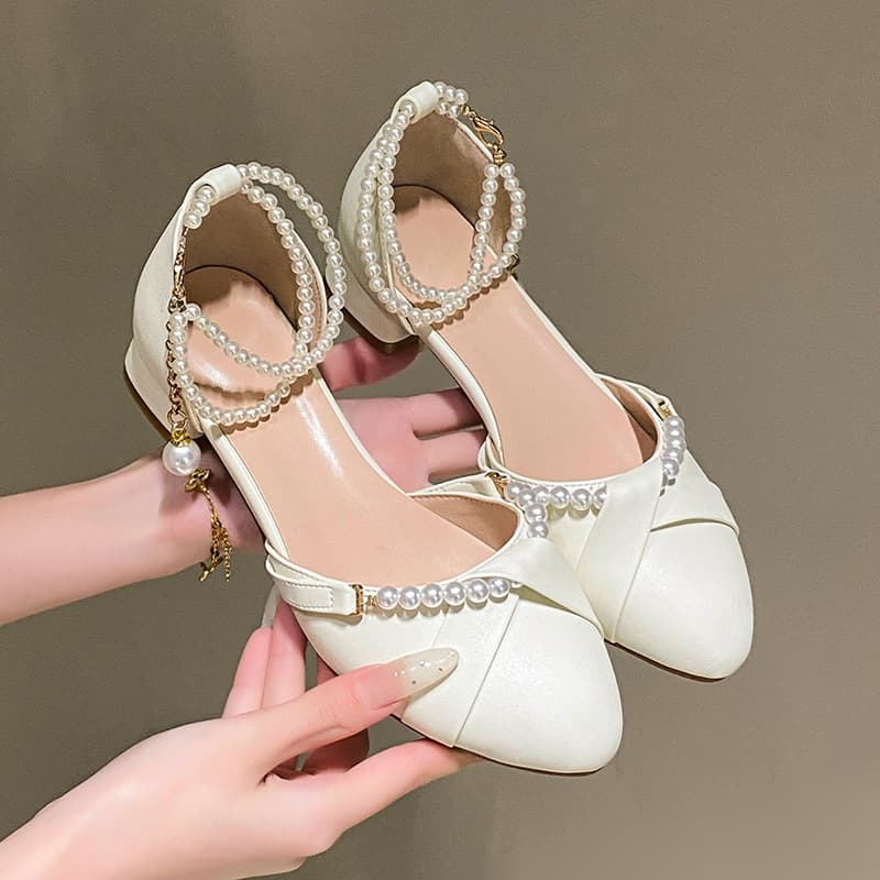 28-43 Cross-border Large Size Closed-Toe Chunky Heel Sandals Women Summer New Hollow Pearl Small Size Kids Shoes Low Heels