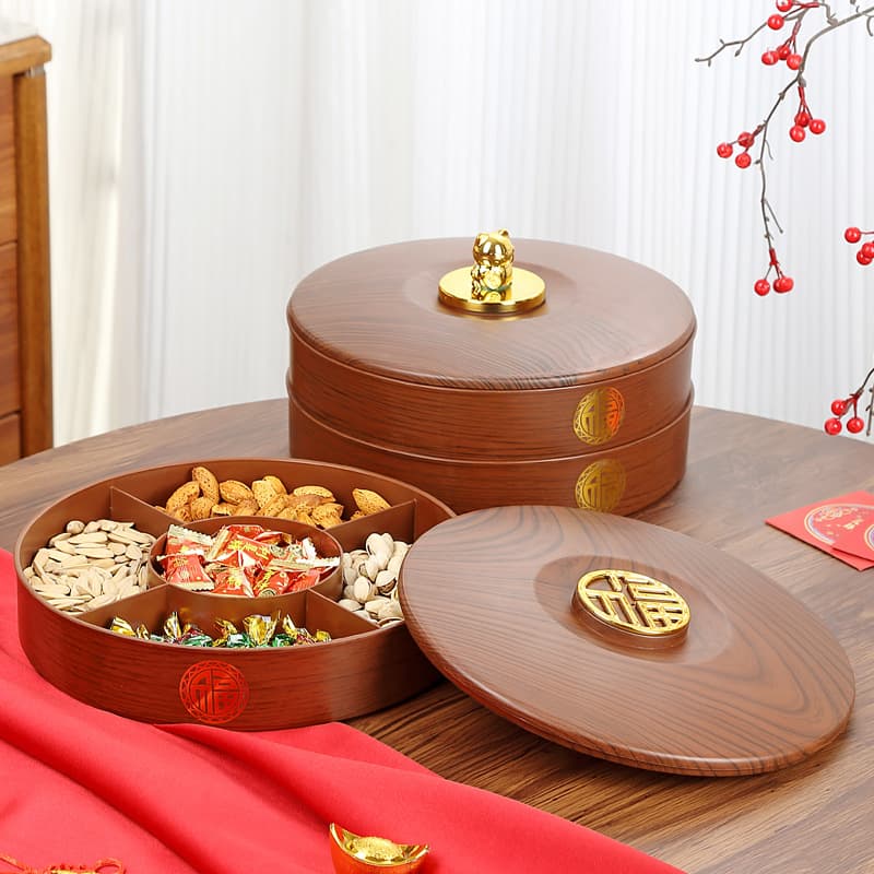 New Chinese-style Wood Grain Fruit Plate with Lid and Compartments, Snack Box for New Year Living Room, Nut and Snack Storage Container