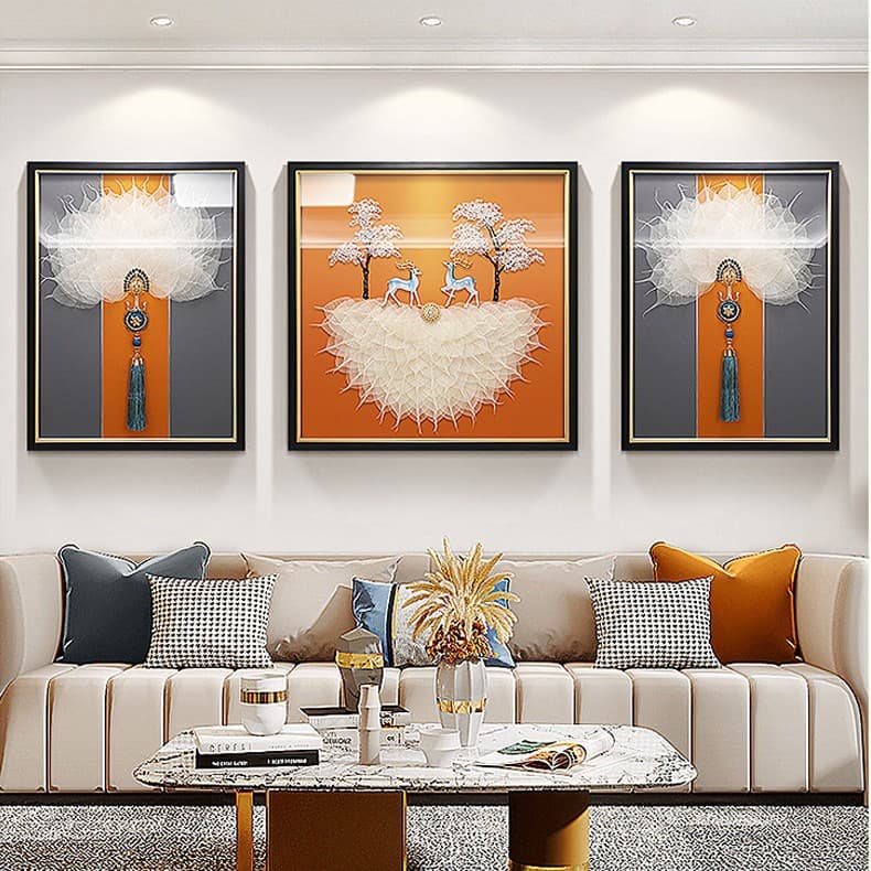 Light Luxury Living Room Decorative Painting Three-Dimensional New Chinese Style Sofa Background Wall Dining Room Bodhi Leaf Triptych Wall Hanging Painting