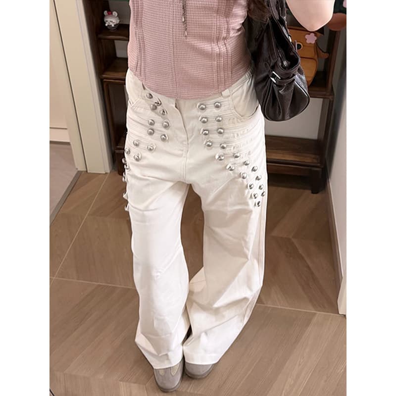 American High-Street Metal Button Design Denim Jeans for Women, Summer Thin Style, Palace-Inspired Loose-Fitting Versatile Floor-Length Pants