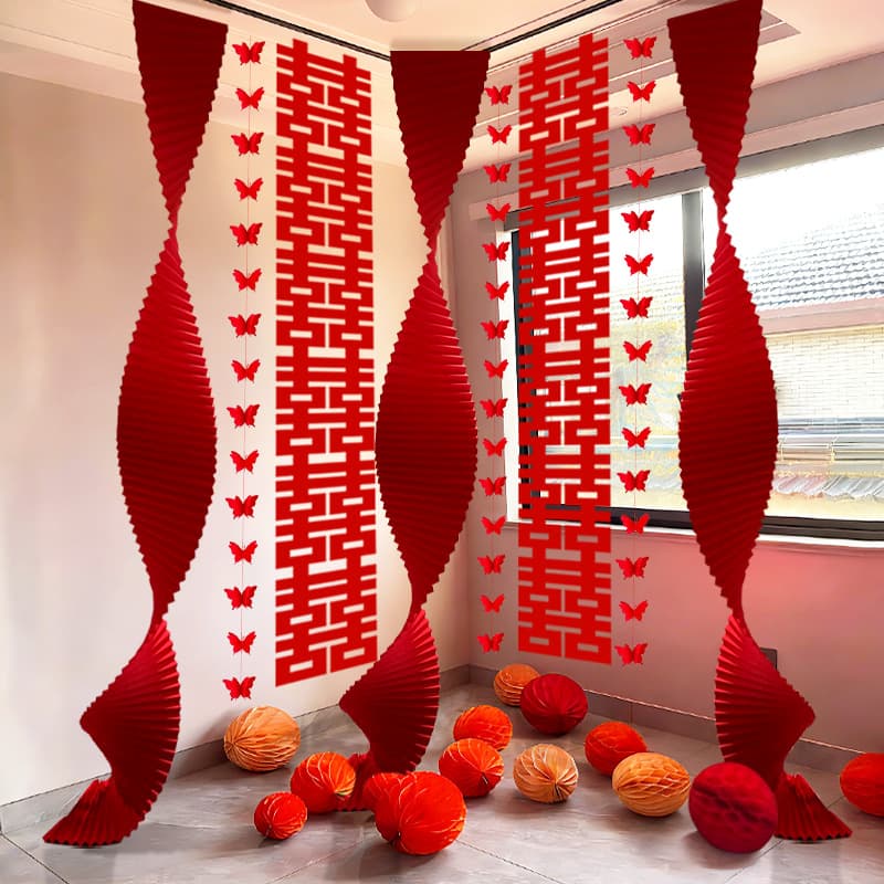 Wedding Room Decoration Set for the Bride's Wedding Bedroom and Living Room, Including Origami Waterfall Strips and Double Happiness Character Hanging Decorations