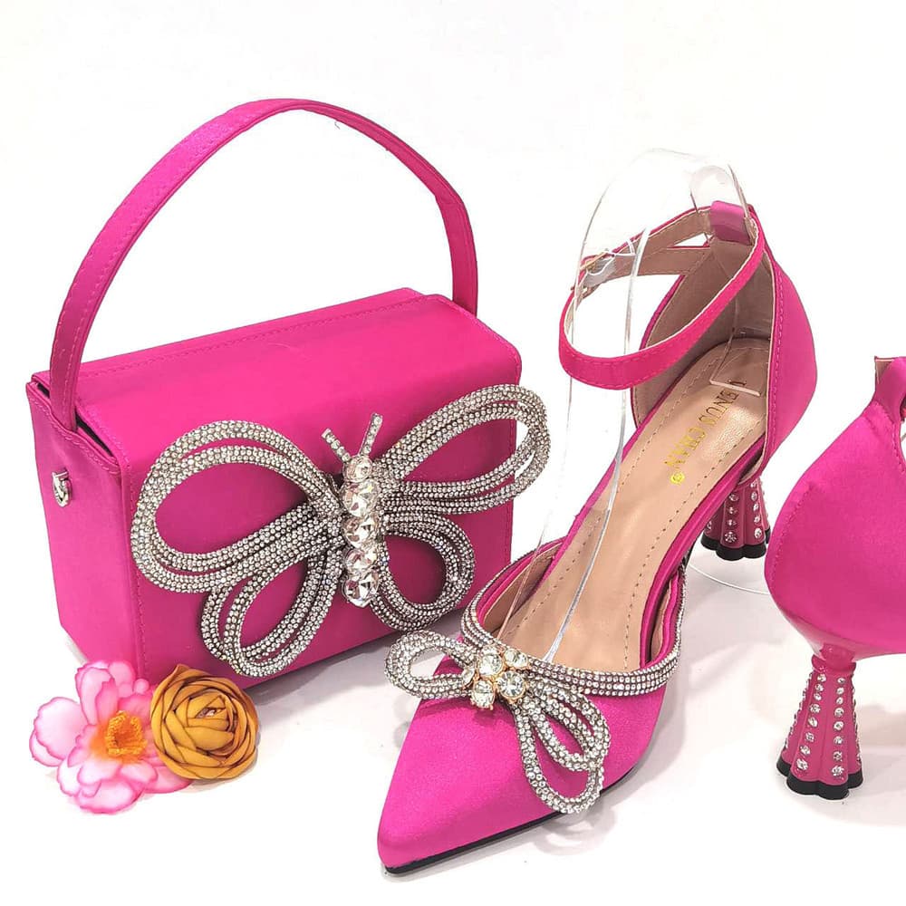 Elegant Pointed Bow Women's Sandals Back Bag High Heels Spot Matching Square Hand Bag with Design