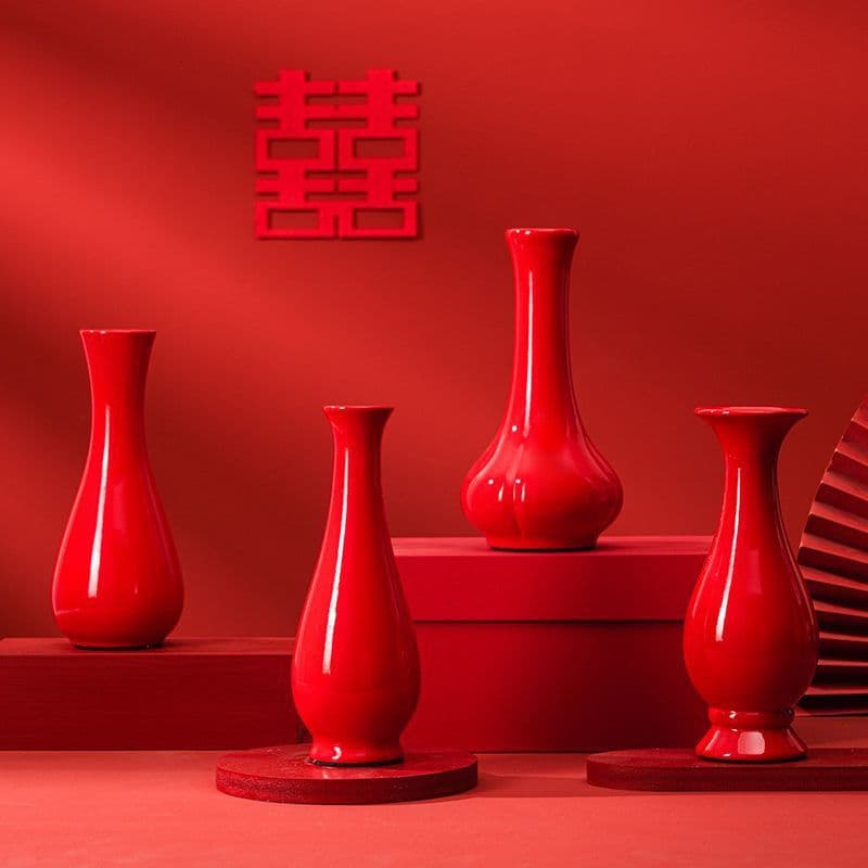 Festive Red Wedding Engagement Vase Ceramic Hydroponic Rose Flower Home Wedding Decoration Ornament
