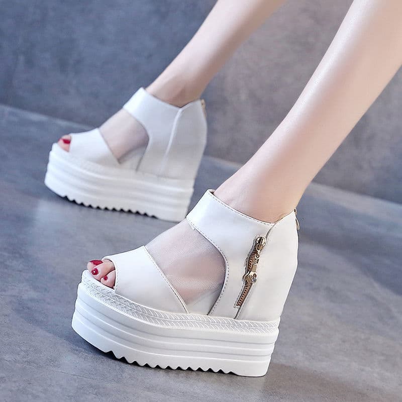 Fish Mouth Shoes Women 2023 Summer New Thick Platform Wedge Mesh Height Increasing Women's Shoes 12cm Platform Roman Sandals