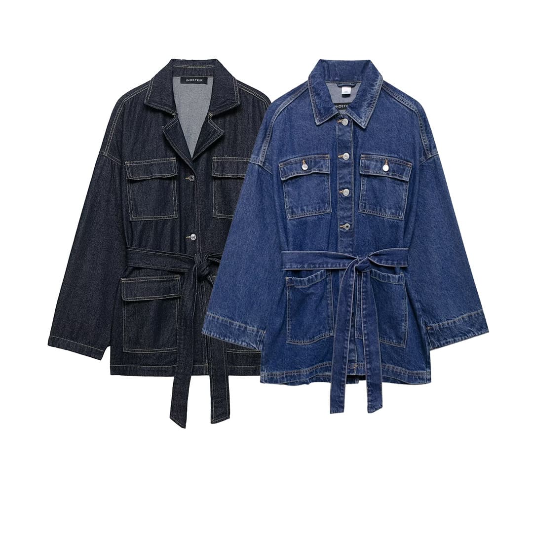 Foreign trade wholesale 2025 new European and American fashionable waist strap waist lapel denim jacket 1208391