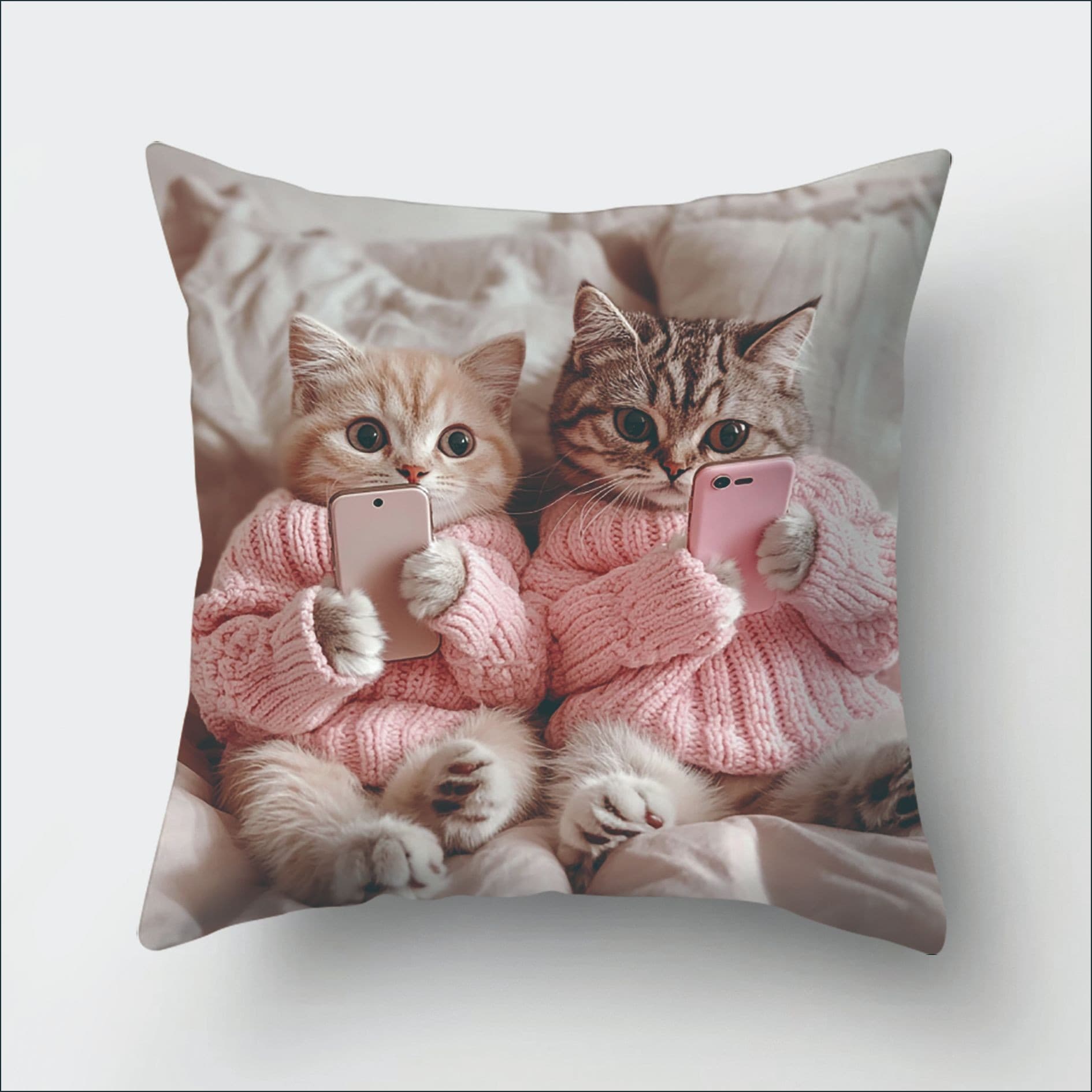Cross-border hot-selling adorable cat-themed mobile phone print pillowcase, cute cartoon cushion cover, sofa decoration pillowcase