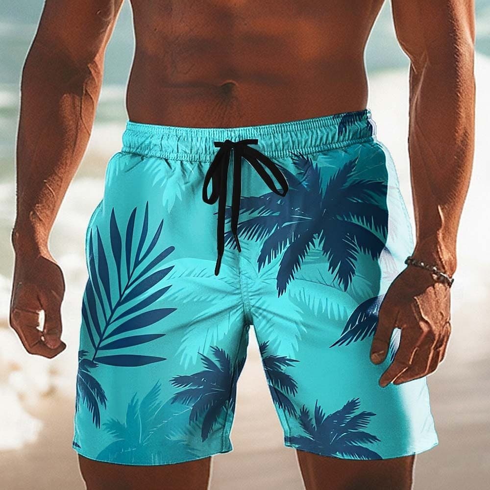 Cross-border Men's Coconut Tree Gradient Tropical Plant Swim Trunks Surfing Shorts Hawaiian Beach Vacation Outfit with Side Pockets