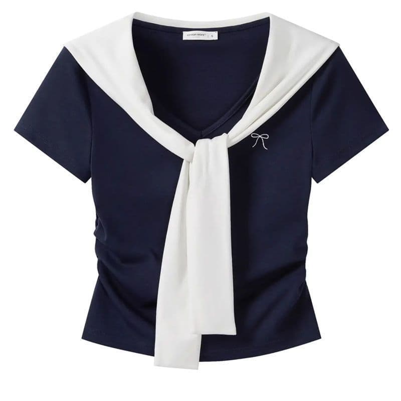 White Striped Shawl V-Neck Bow Short-Sleeved T-Shirt for Women 2025 New Age-Reducing Chic Slim Short Top Trendy