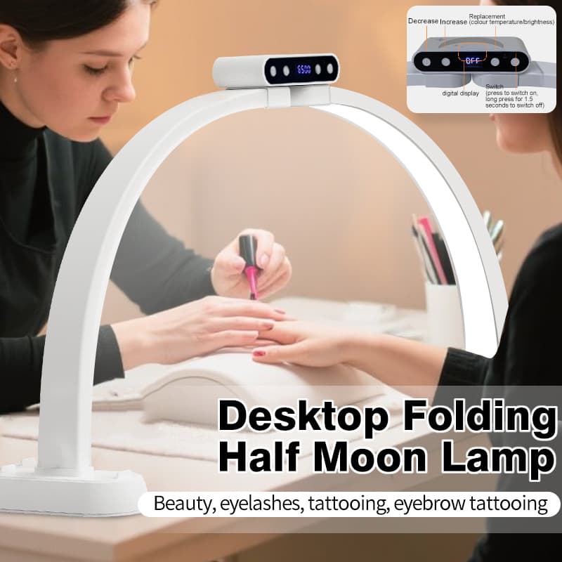 Cross-border U-shaped foldable half-moon beauty lamp LED three-color temperature eye protection pattern embroidered eyelashes fill-in light half-moon nail art table lamp