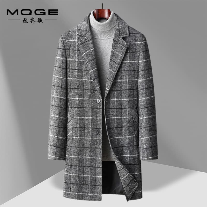 Foreign Trade Hot-Selling Regular Stock Autumn Winter Wool Overcoat Men Mid-Long Business Casual Plaid Cotton Lined Thick Wool Coat