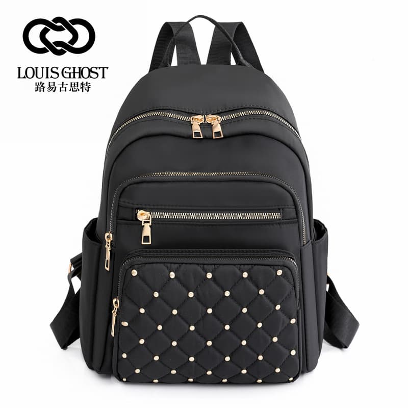 Solid Color Grid Embroidery Rivet Fashionable Women's Backpack Large Capacity Simple Korean Style Ladies Rucksack