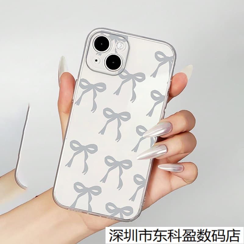 Ins Style Full-Screen Gray Bow, Compatible with Apple 17 Phone Case, 15 Transparent, 13 Plus New Model 11 Shockproof 7